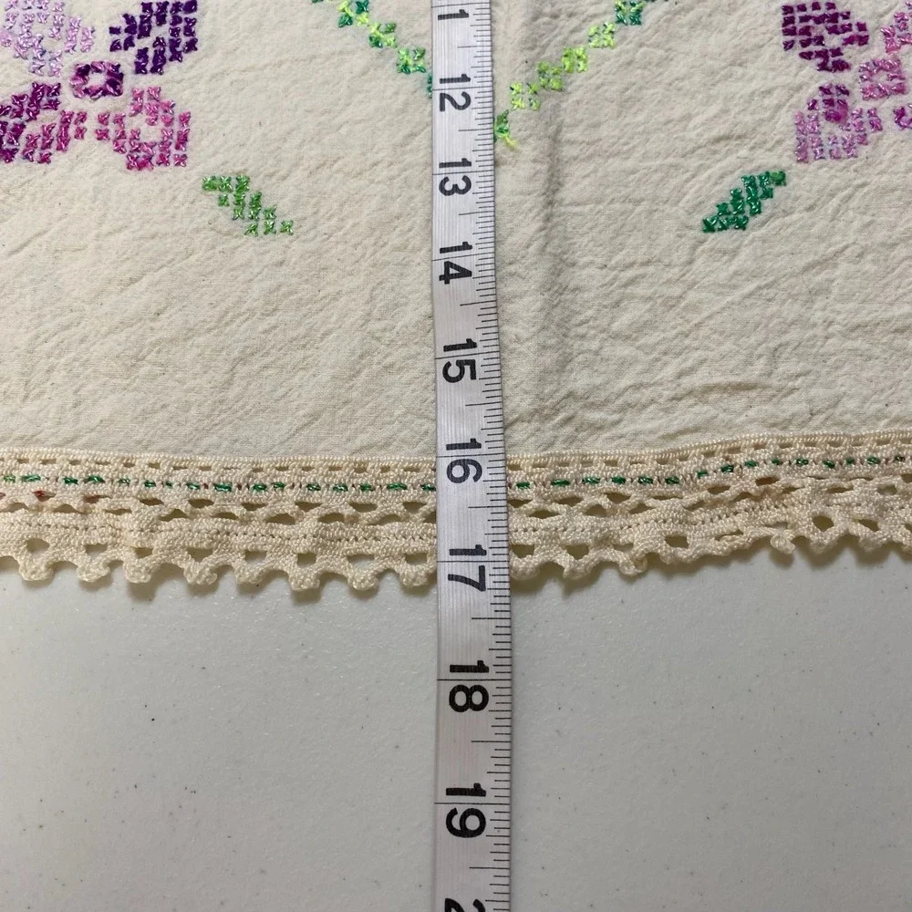 Vtg Cross Stitch Table Napkin Shabby Chic Floral Embroidery Lace Border Cottage
